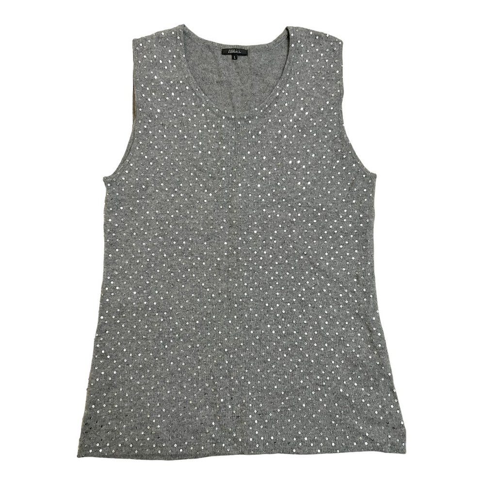 Pure Amici Women's Size L Scoop Neck Sleeveless w/Sequins Cashmere Tank Top Gray